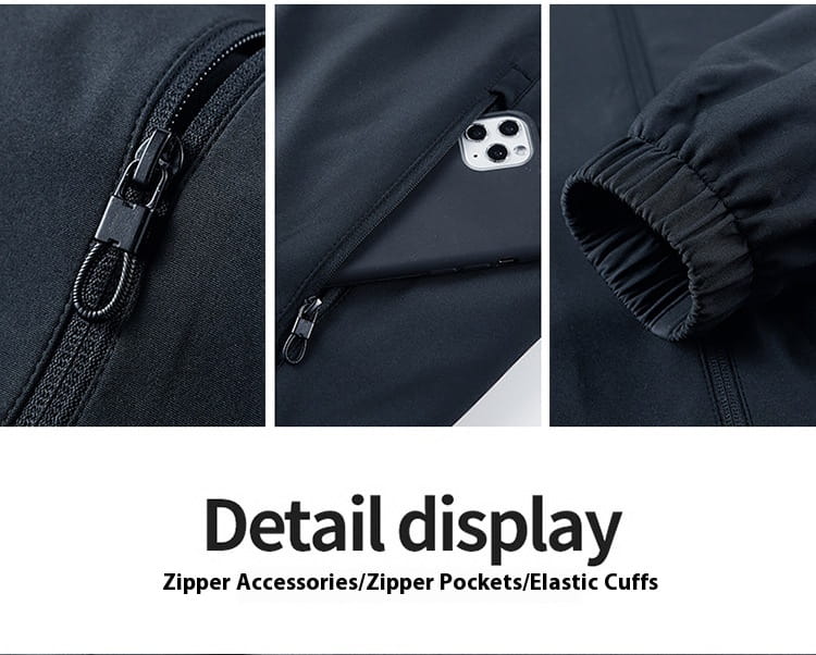 Men casual jacket lightweight outdoor windbreaker made of black nylon with black zipper pulls and elastic cuffs.