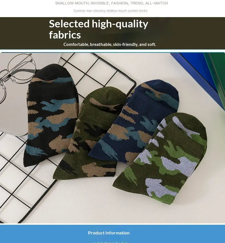 four pairs of men’s camouflage military training ankle socks in black and tan, olive green with beige, navy blue with teal, and forest green with light gray colorways.