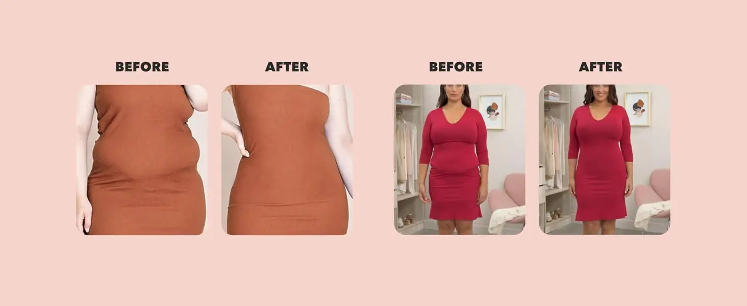 the image displays two before-and-after transformations of women wearing black high-waisted shapewear shorts and top set made of smooth compressive fabric enhancing their silhouette