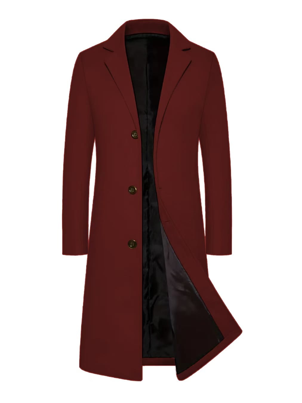 A rich burgundy woolen trench coat above the knee with a classic notched collar three dark brass buttons and sleek black satin lining.