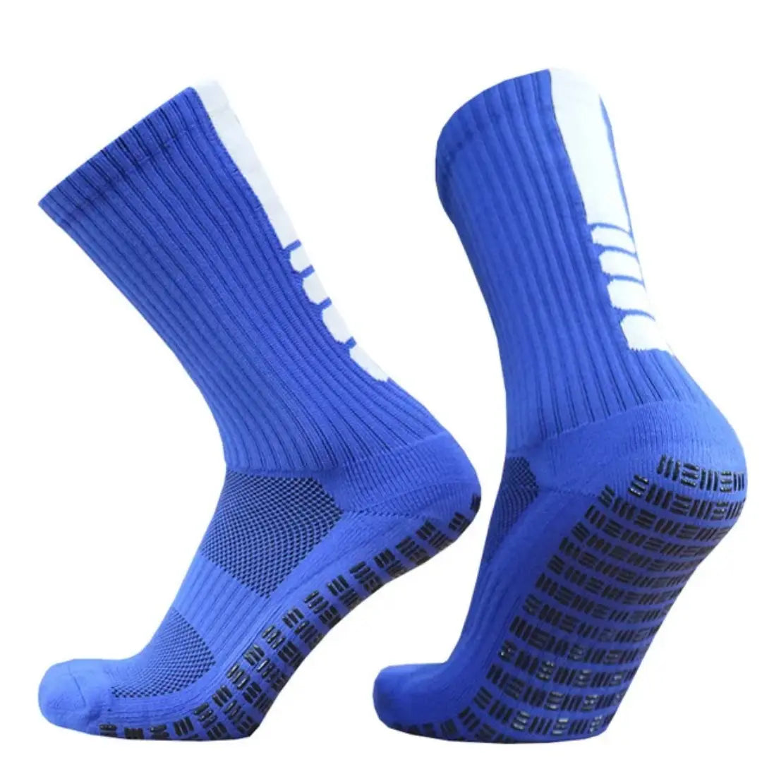 blue grip soccer socks striped athletic non slip footwear showing black grip patterns on the soles and white stripes on the upper sides