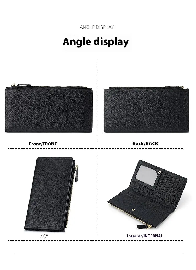 Black textured cowhide leather long zip wallet with anti theft rfid protection and interior card slots.