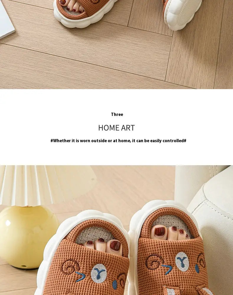 Cute tan waffle-knit slide sandals with white foam soles featuring embroidered cartoon animal faces in an open toe linen design.