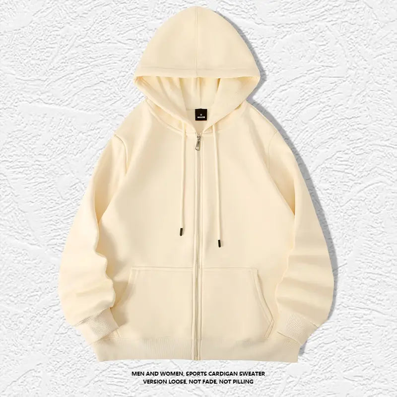 Herren-Schwergewichts-Fleece-Zip-Hoodie in Übergröße in Cremefarbe aus weichem, locker sitzendem Stoff mit Fronttasche und Kordelzügen.