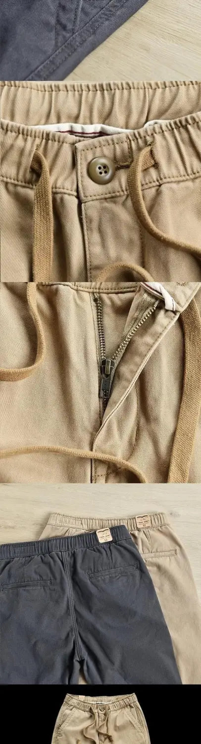 Men’s casual cargo jogger pants in beige and navy blue with elastic waistbands, drawstring closures, button fastenings, and zipper fly details.