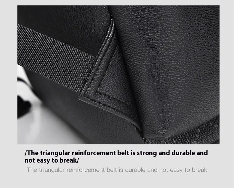 Black leather men’s business travel backpack featuring a triangular reinforcement belt and laptop sleeve.