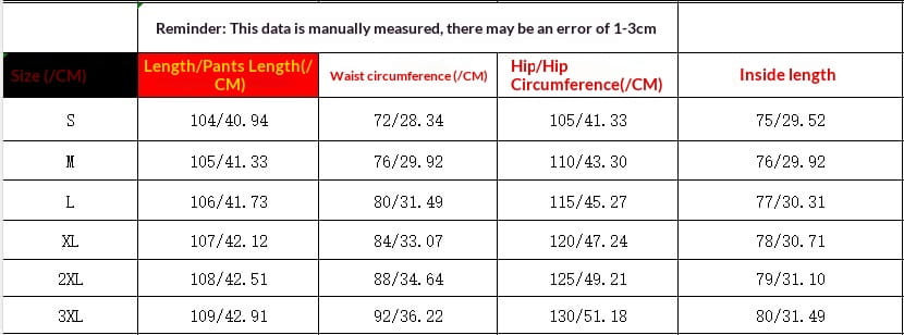 Size chart displaying measurements in centimeters and corresponding U.S. sizes for men cotton linen cargo pants casual straight leg drawstring.
