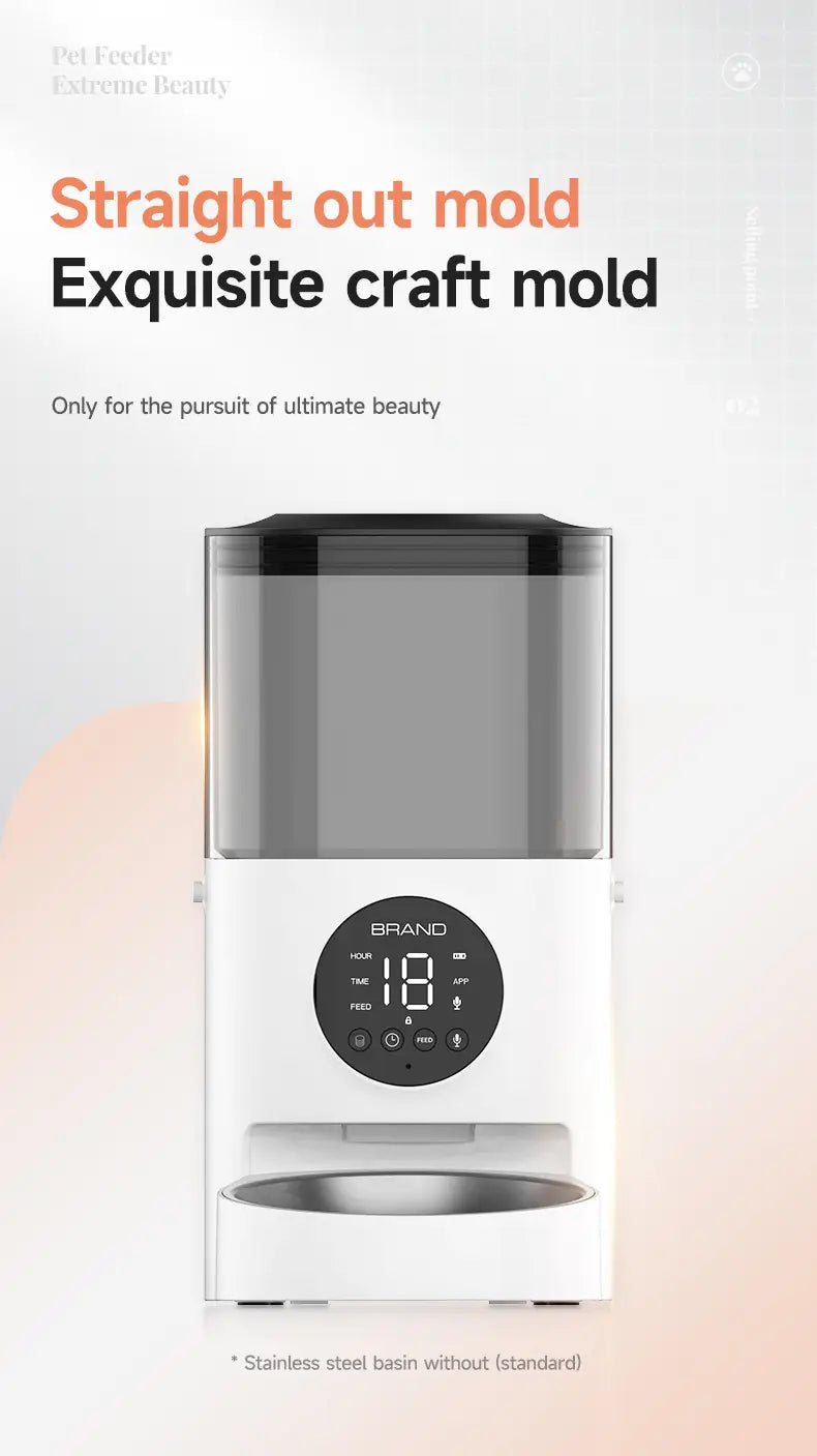Distributeur pour animaux domestiques intelligent Wi-Fi automatique blanc et noir avec écran numérique affichant 18 et compartiment de stockage des aliments transparent pour chats et chiens.