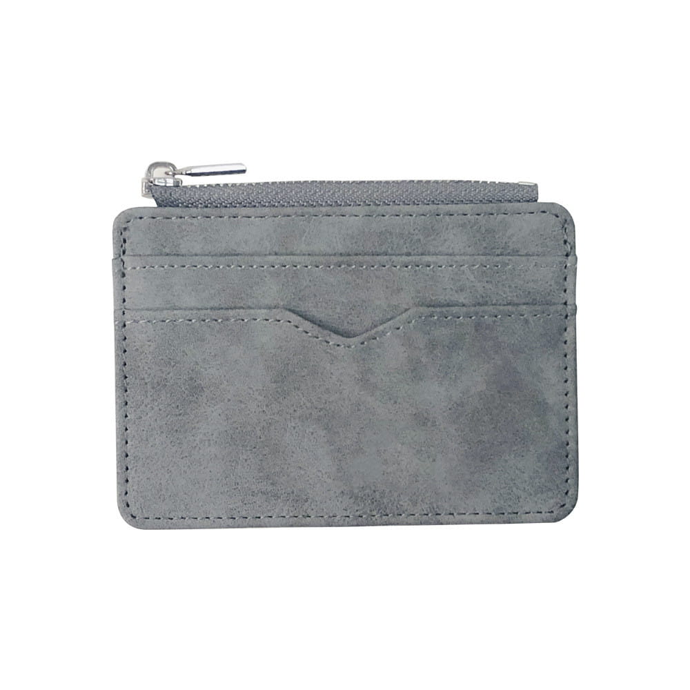 Gray pu leather zippered card holder wallet for men with silver zipper and stitched edges in a suede-like finish.