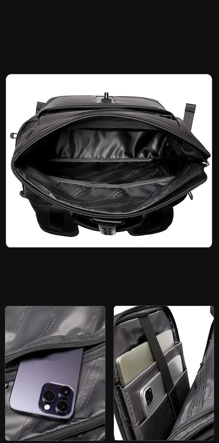 black nylon business backpack large capacity 30l in durable fabric with multiple compartments and zippered pockets