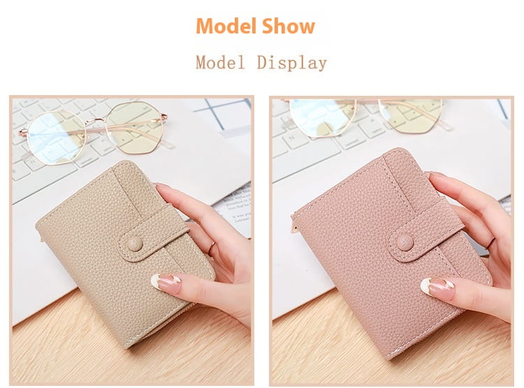 Beige and pink leather mini organ wallets with textured finish and button closures.