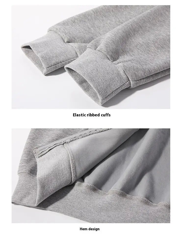 Grau melierte Sweatpants mit elastischen, gerippten Bündchen und einem schlichten Saumdesign sind als Teil eines Herren-Schwergewichts-Fleece-Zip-Hoodie-Ensembles in Übergröße dargestellt.