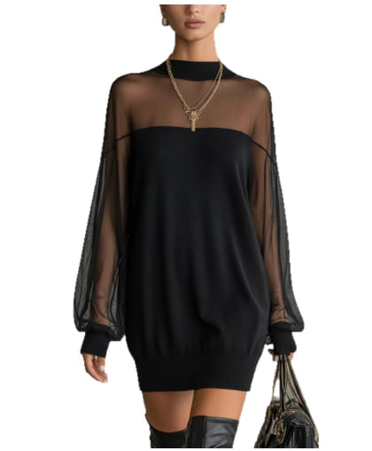 Elegant black mesh patchwork long sleeve mini dress featuring a black sheer mesh material with a solid black bodice and ribbed hem.