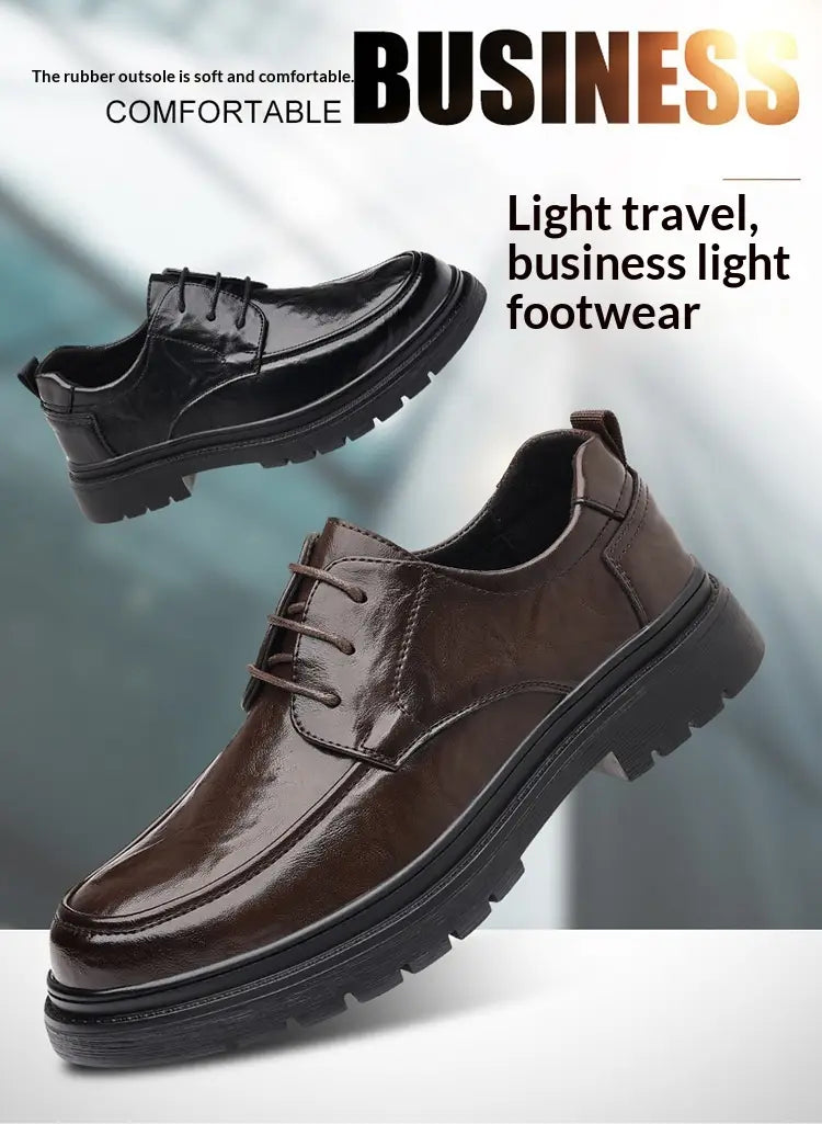 Men’s trendy chunky leather elevating casual shoe in black patent leather with lace-up design and rubber sole.