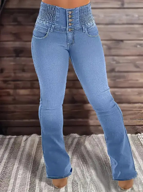 Jeans en denim à lavage clair à taille haute évasée avec un devant boutonné et une ceinture élastique.