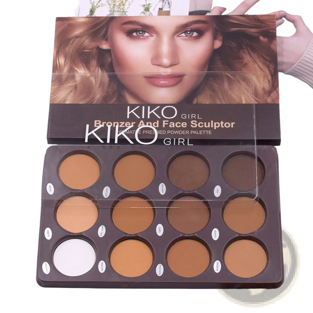 Kiko girl 12 color contour palette matte face sculptor powder with twelve circular pans in brown tan and white shades