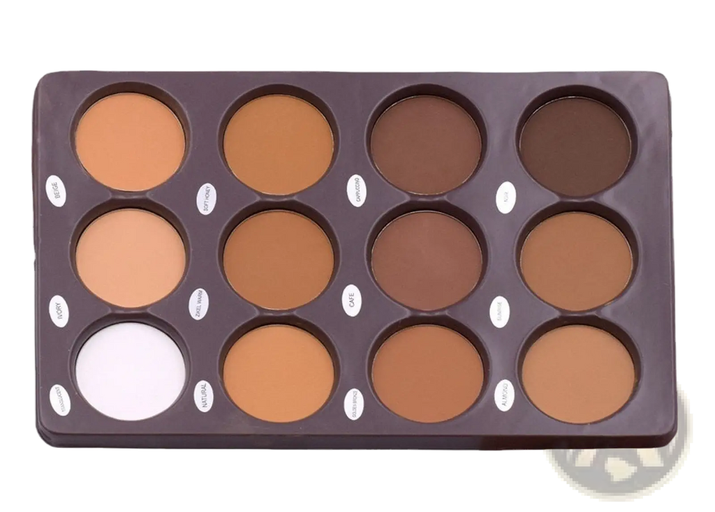 Dark brown rectangular 12 color contour palette with 15 matte face sculptor powder pans including one white shade