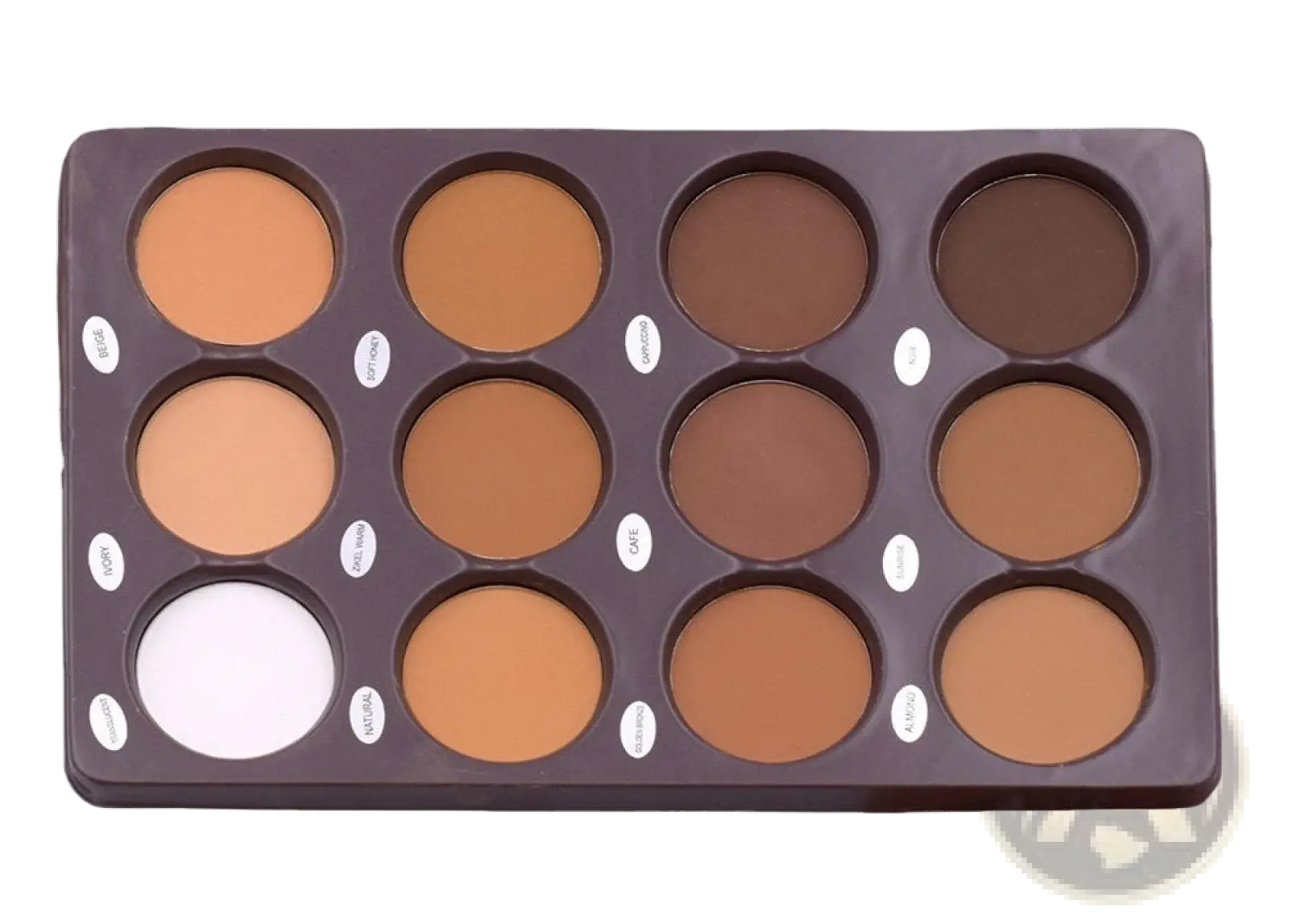 Dark brown rectangular 12 color contour palette with 15 matte face sculptor powder pans including one white shade