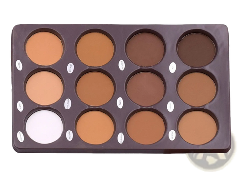 Dark brown rectangular 12 color contour palette with 15 matte face sculptor powder pans including one white shade
