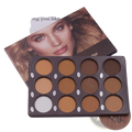 Dark brown rectangular 12 color contour palette with matte beige, tan, and white concealer powders for face sculpting