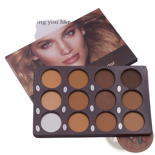 Dark brown rectangular 12 color contour palette with matte beige, tan, and white concealer powders for face sculpting