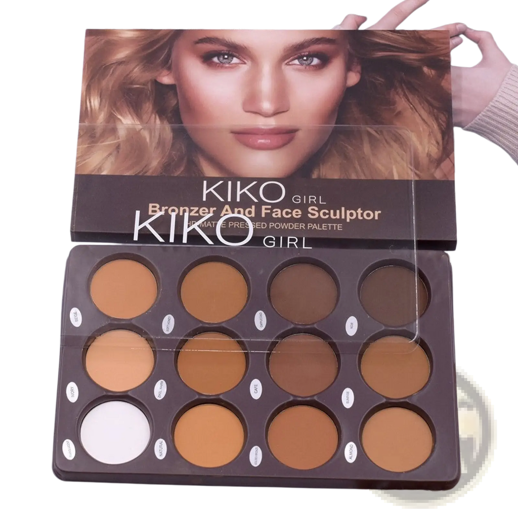 Kiko girl bronzer and face sculptor matte pressed powder palette with twelve shades in a sleek black tray