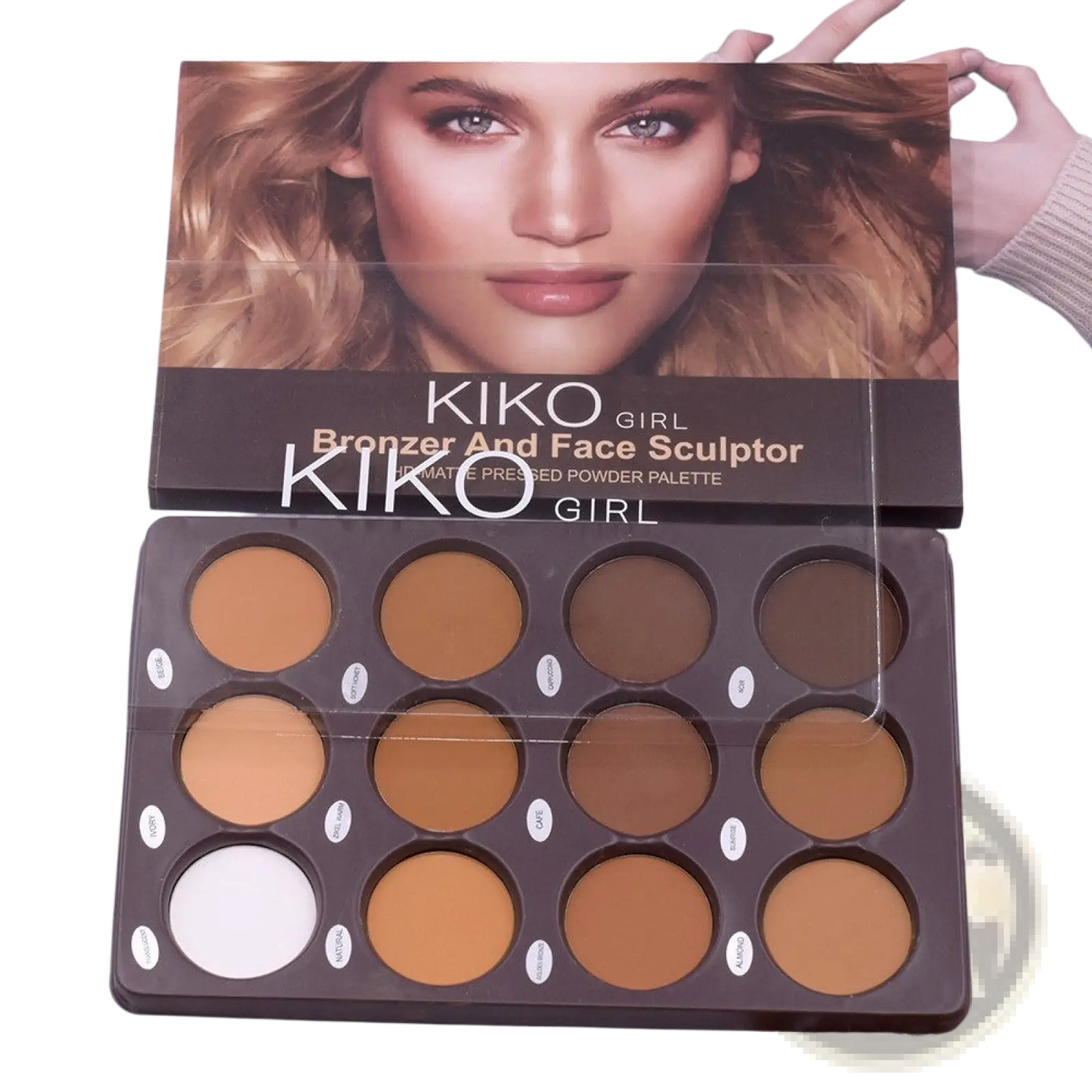 Kiko girl bronzer and face sculptor matte pressed powder palette with twelve shades in a sleek black tray