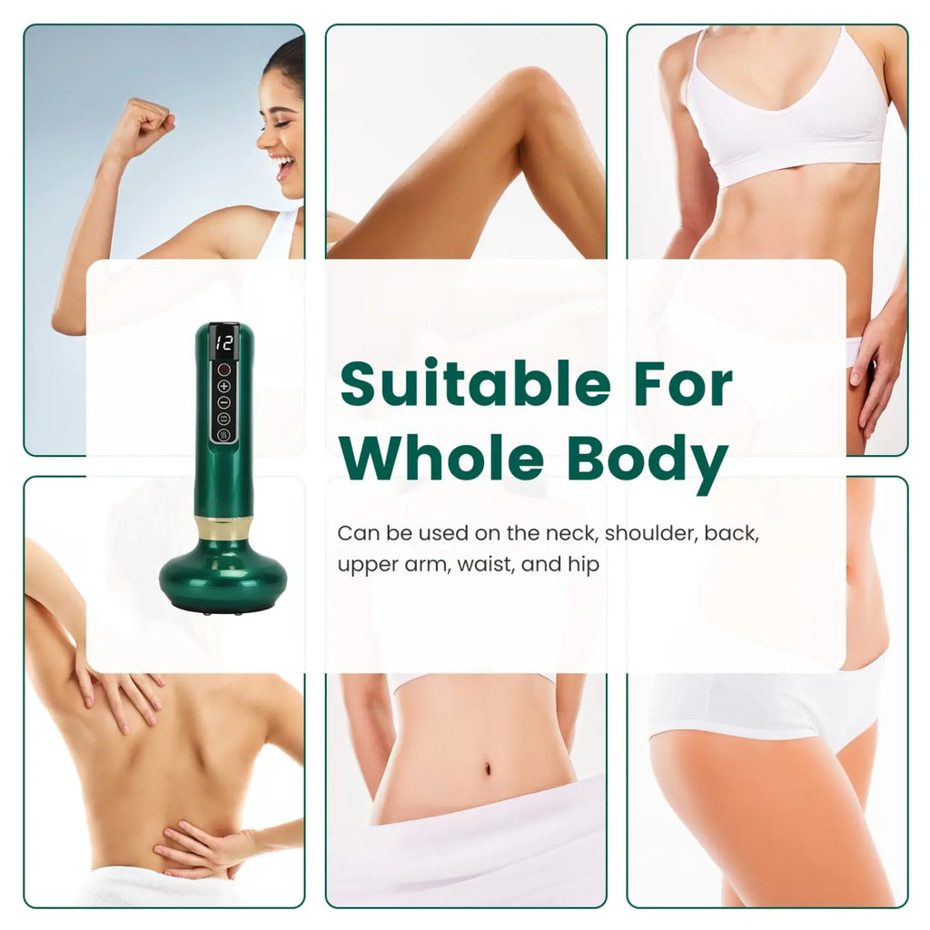 Deep green sleek cylindrical 12 level smart electric cupping and cellulite massager with digital display and control buttons