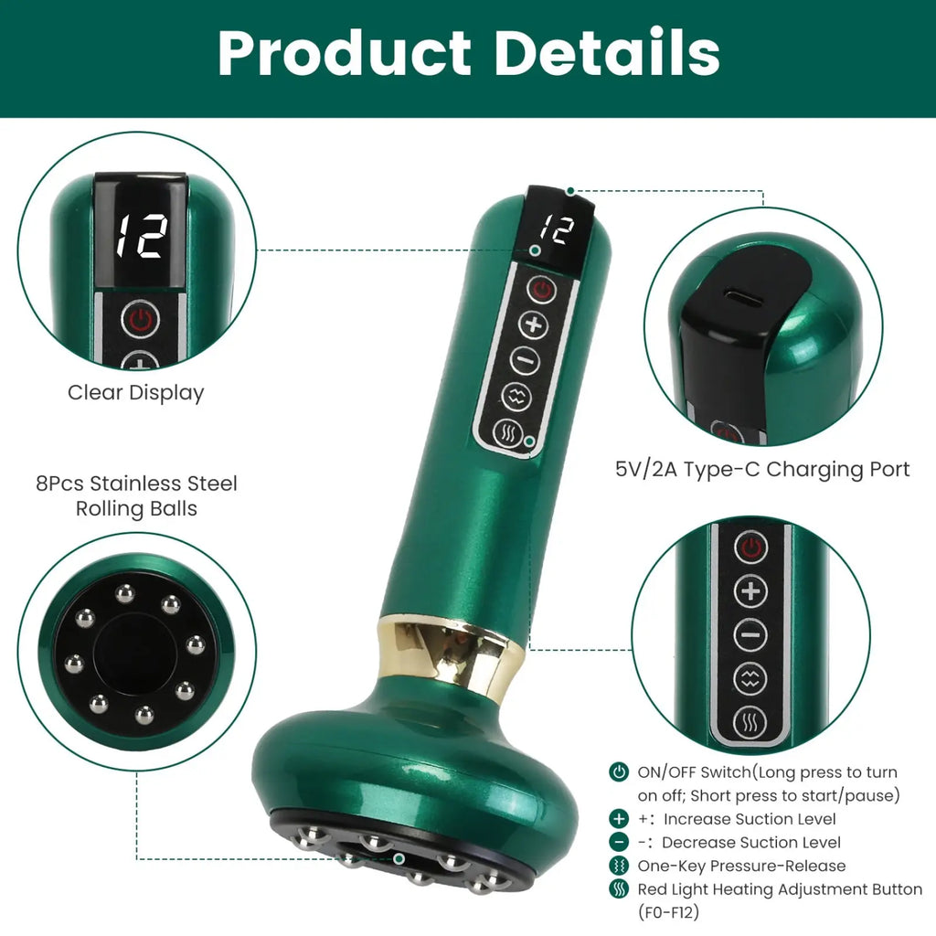 Green 12 level smart electric cupping and cellulite massager with digital display control buttons and eight stainless steel rollers