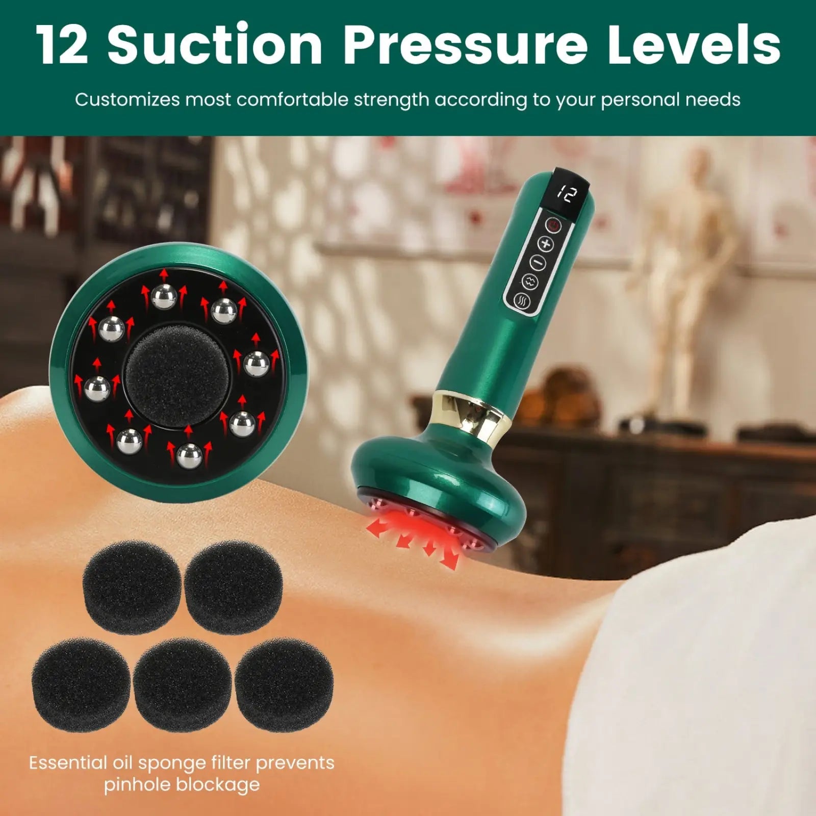 Green handheld 12 level smart electric cupping and cellulite massager with adjustable pressure and silver sphere head