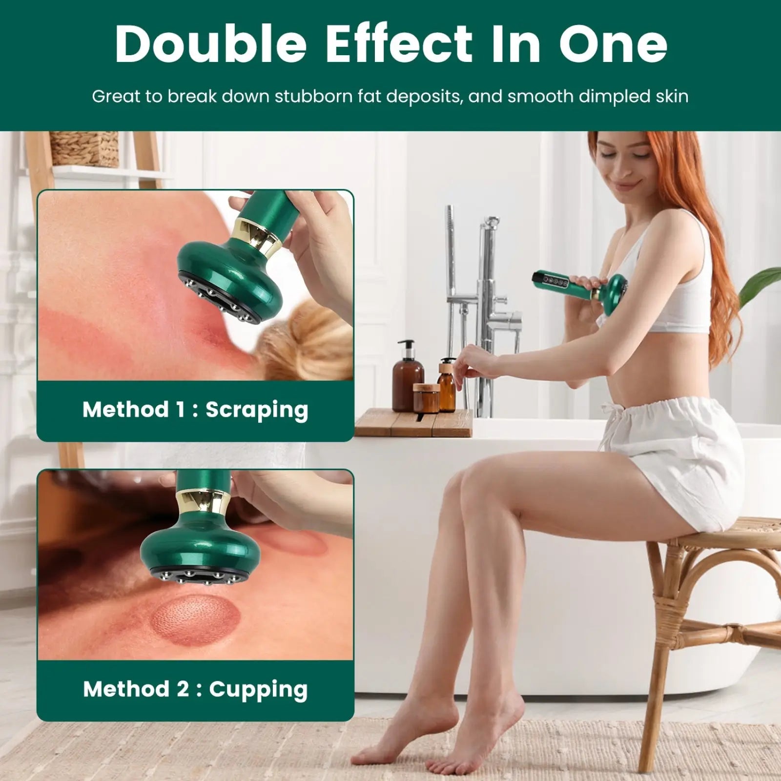 Green and gold handheld 12 level smart electric cupping and cellulite massager with circular scraping head