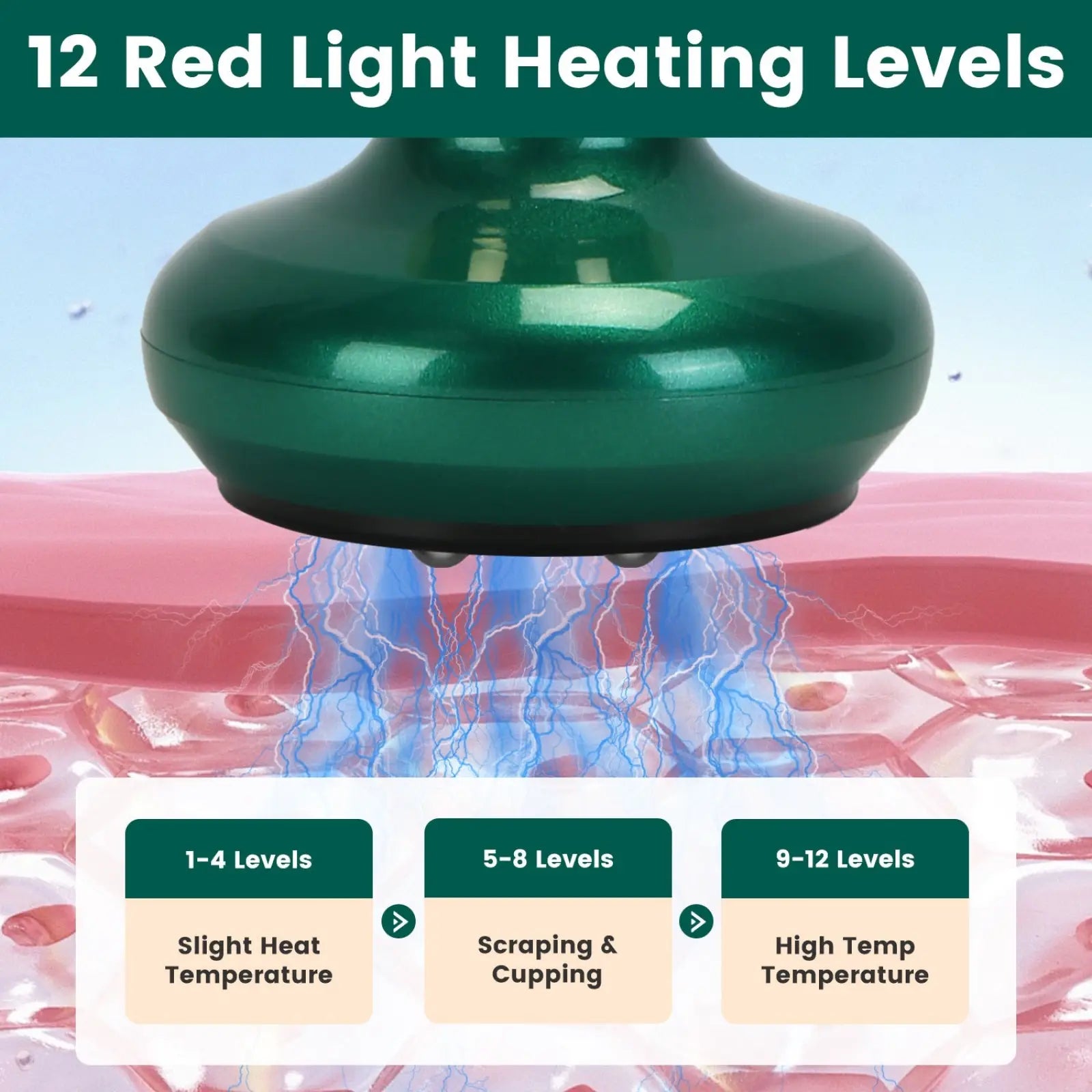 Green glossy plastic 12 level smart electric cupping and cellulite massager with 12 red light heating levels