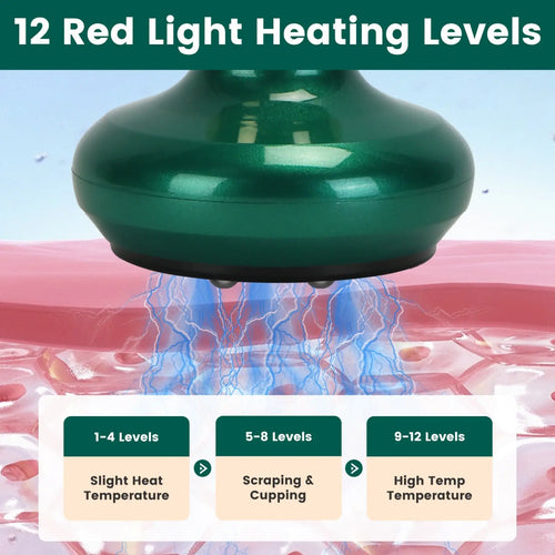 Green glossy plastic 12 level smart electric cupping and cellulite massager with 12 red light heating levels