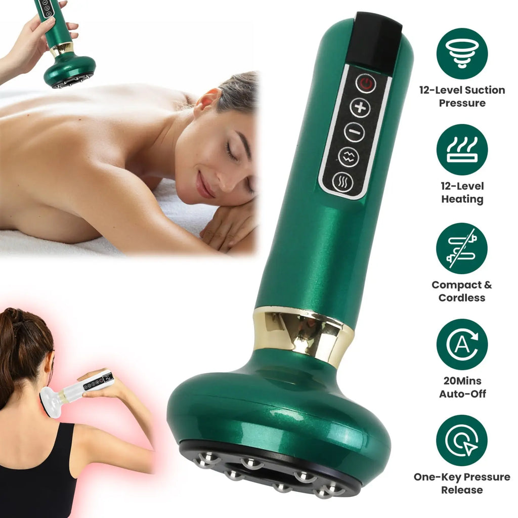 Green cordless 12 level smart electric cupping and cellulite massager with sleek ergonomic design and metallic accents
