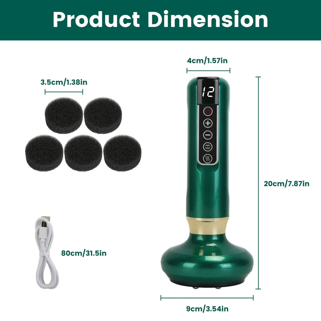 Green and gold 12 level smart electric handheld cupping and cellulite massager with a digital display