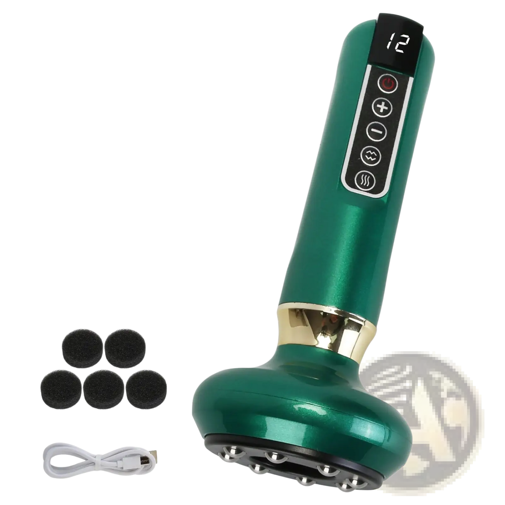 Green 12 level smart electric cupping and cellulite massager with digital display control buttons and metallic accents