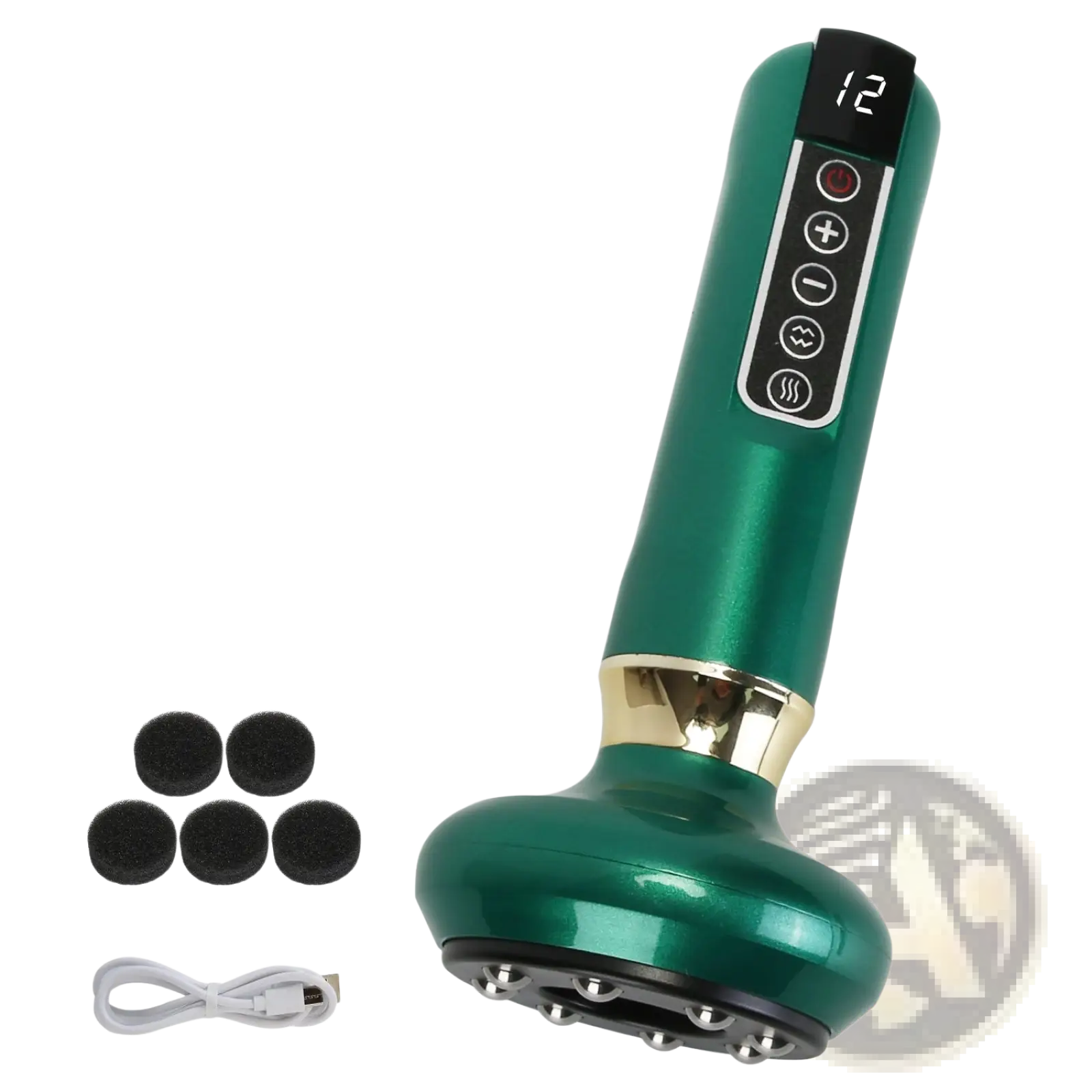 Green 12 level smart electric cupping and cellulite massager with digital display control buttons and metallic accents