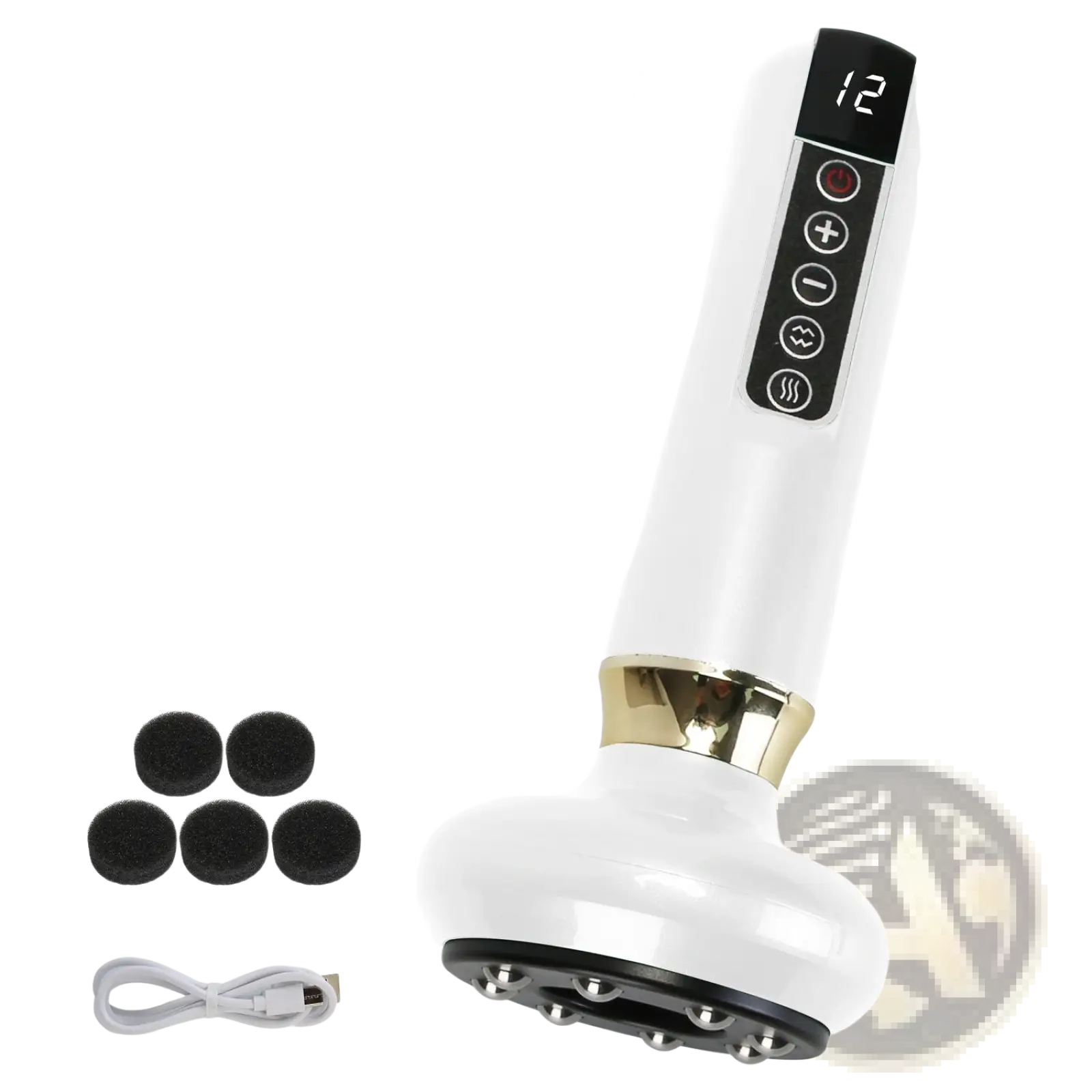 White handheld 12 level smart electric cupping and cellulite massager with digital display and gold handle accents