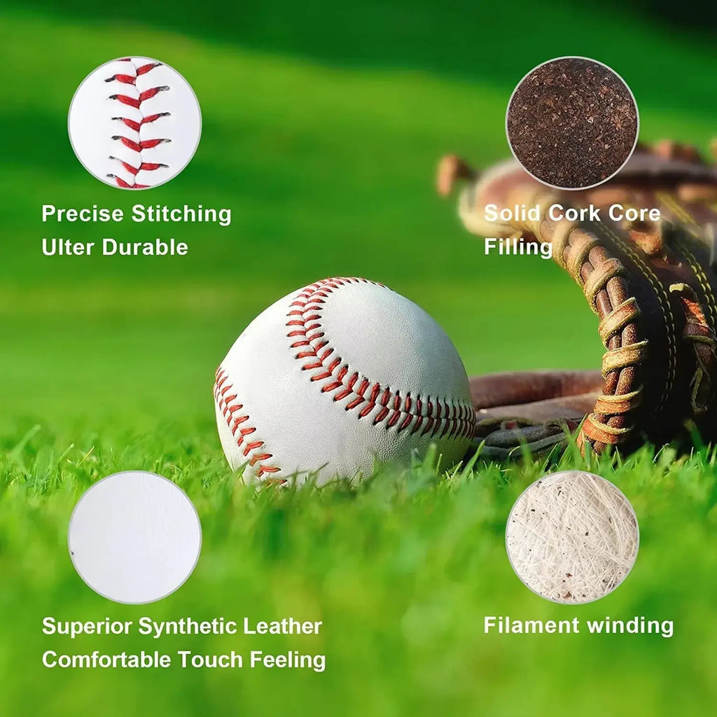 White baseball with red stitching and durable synthetic leather cover for training use in 12 pack 9 inch set