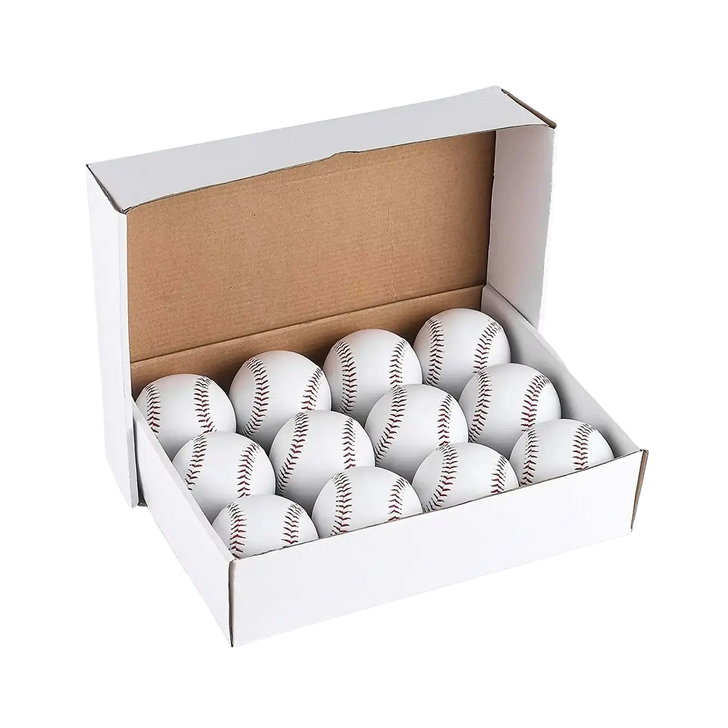 12 pack of white 9 inch training baseballs with red stitching in a box featuring a durable synthetic leather cover