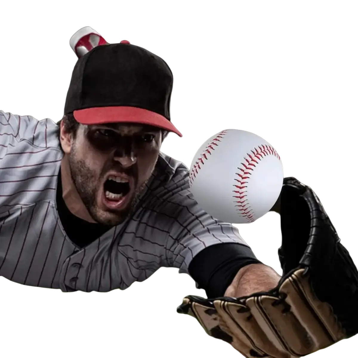 White baseball with red stitching featuring a durable synthetic leather cover for training use in a 12 pack set