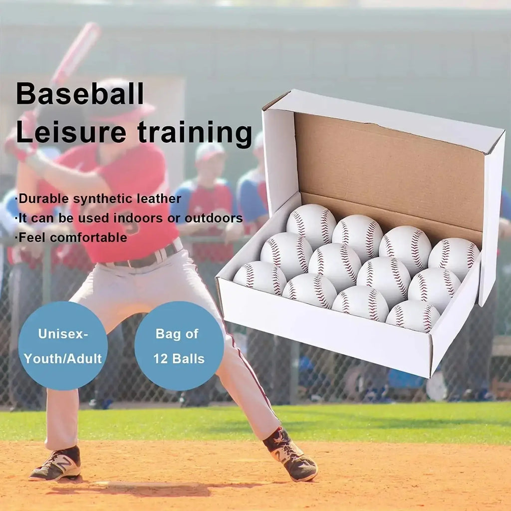 Box of 12 white 9 inch unmarked training baseballs with red stitching and durable synthetic leather cover