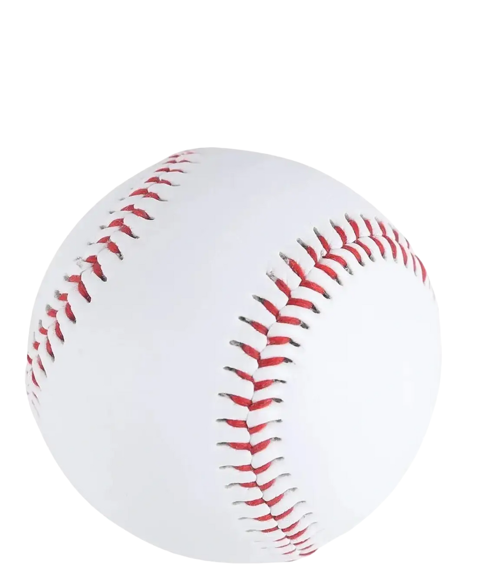 White baseball with red stitching and 2.8 inch diameter featuring a durable synthetic leather cover for training use