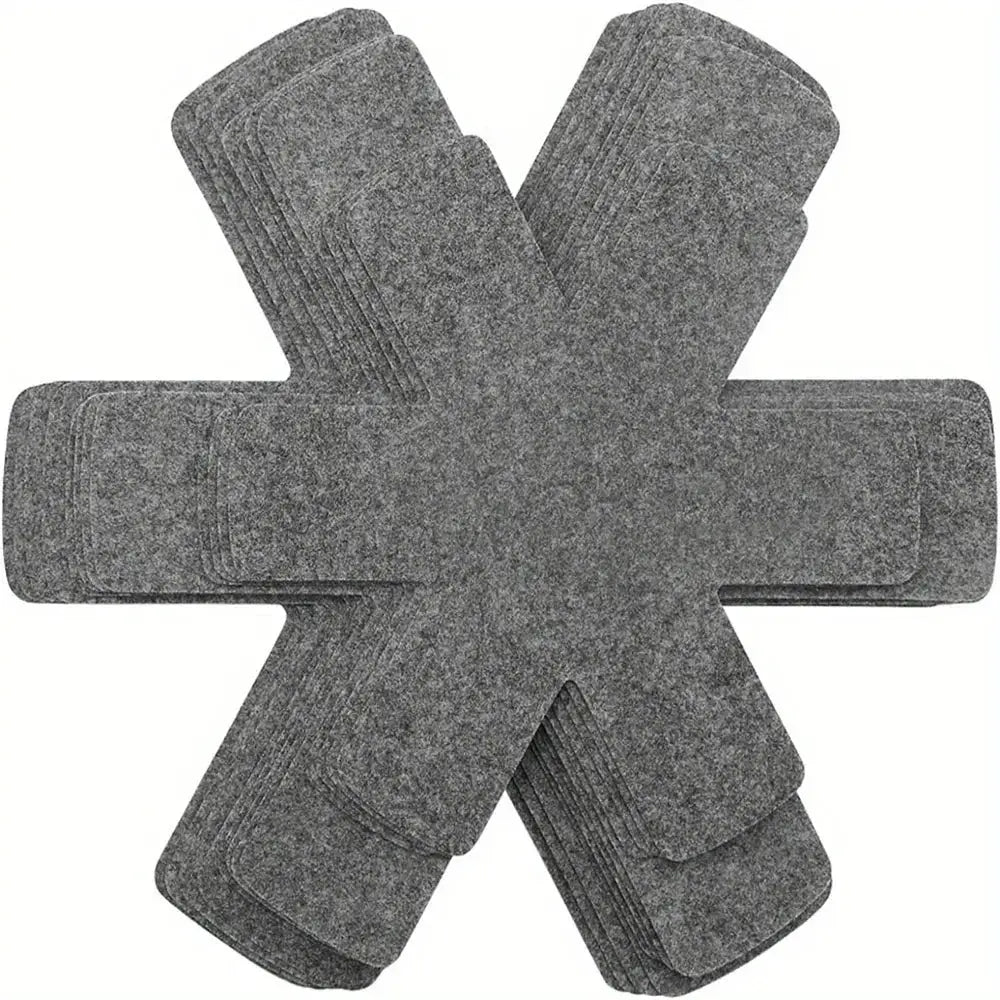 Gray felt shoe insole inserts arranged in a cross pattern included in 12 piece multi size felt pot and pan protectors set