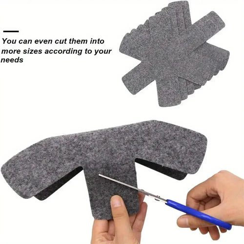 Gray felt shoe insole pads being cut to customize size included in 12 piece multi size felt pot and pan protectors for stacking