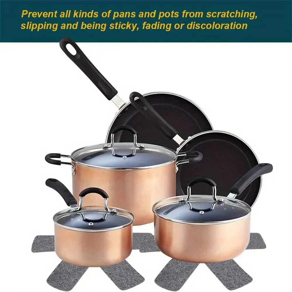 Copper-colored cookware set with black handles and glass lids shown with 12 piece multi size felt pot and pan protectors for stacking