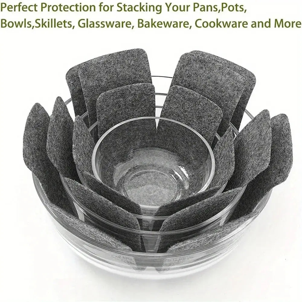 Gray felt protective rings for stacking glassware and cookware in a 12 piece multi size pot and pan protector set
