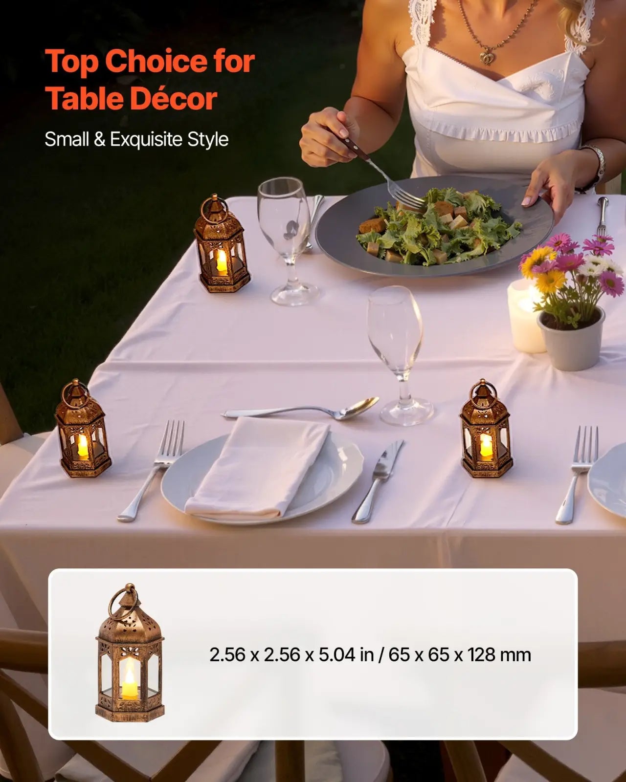 Bronze-colored 5 inch led decorative candle lantern with intricate cut-out patterns and warm glowing candle inside