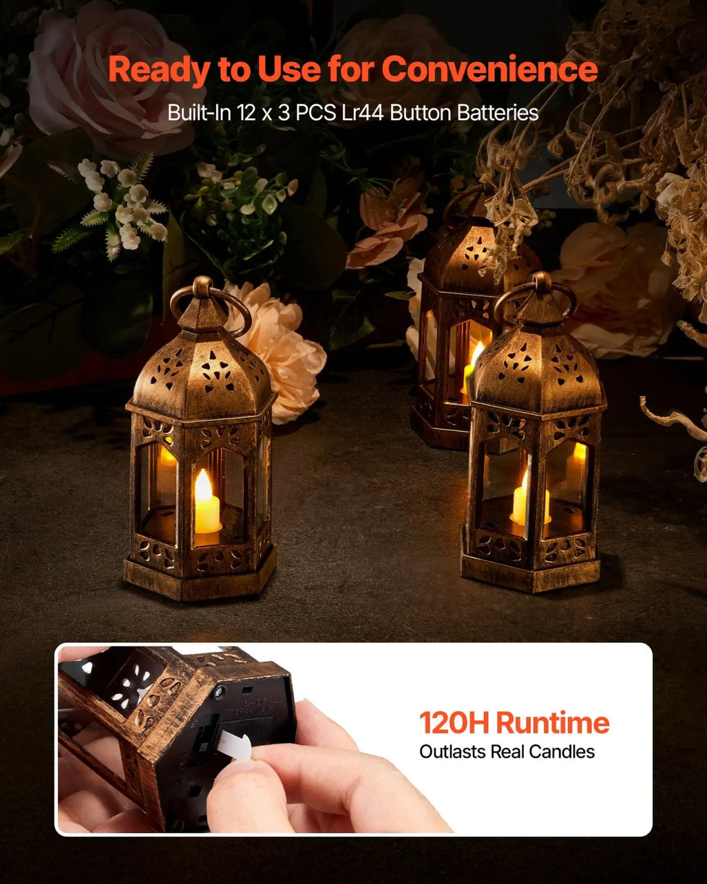 12 pcs led decorative candle lanterns bronze 5 inch with antique brass color and intricate cut-out patterns glowing warmly