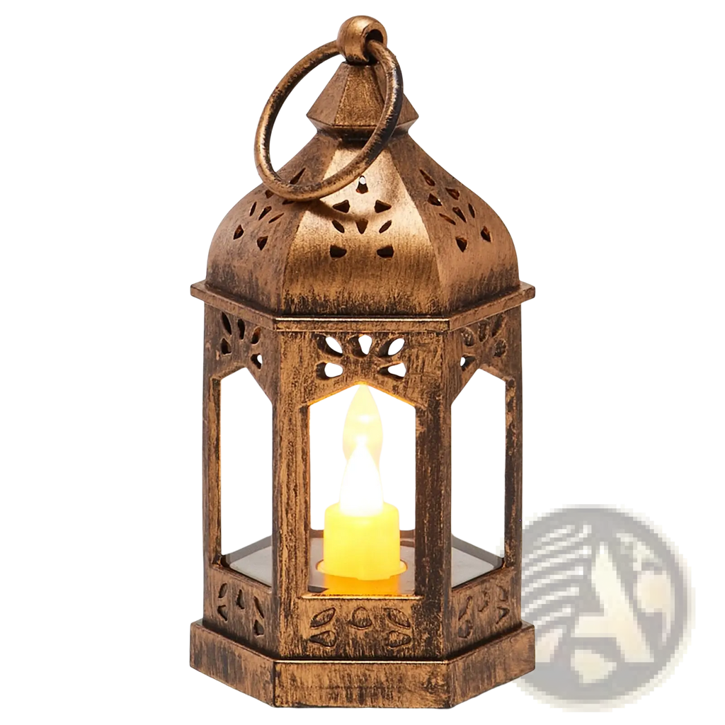 Antique bronze 5 inch led decorative candle lantern with intricate cut-out patterns and glowing led candle inside